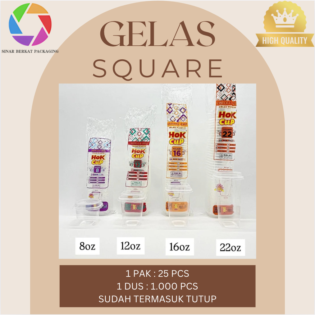 Gelas Plastik Square Cup 8 oz / 12oz / 16oz / 22 oz Bening