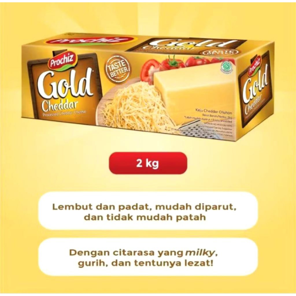 

Bakaranandia - Prochiz Gold Cheddar 2Kg - Parutan Panjang Gurih & Asin 1 Balok