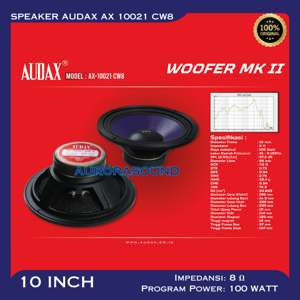 SPEAKER AUDAX AX 10021 CW8 SPEAKER 10 INCH FULL RANGE ORIGINAL AUDAX INDONESIA