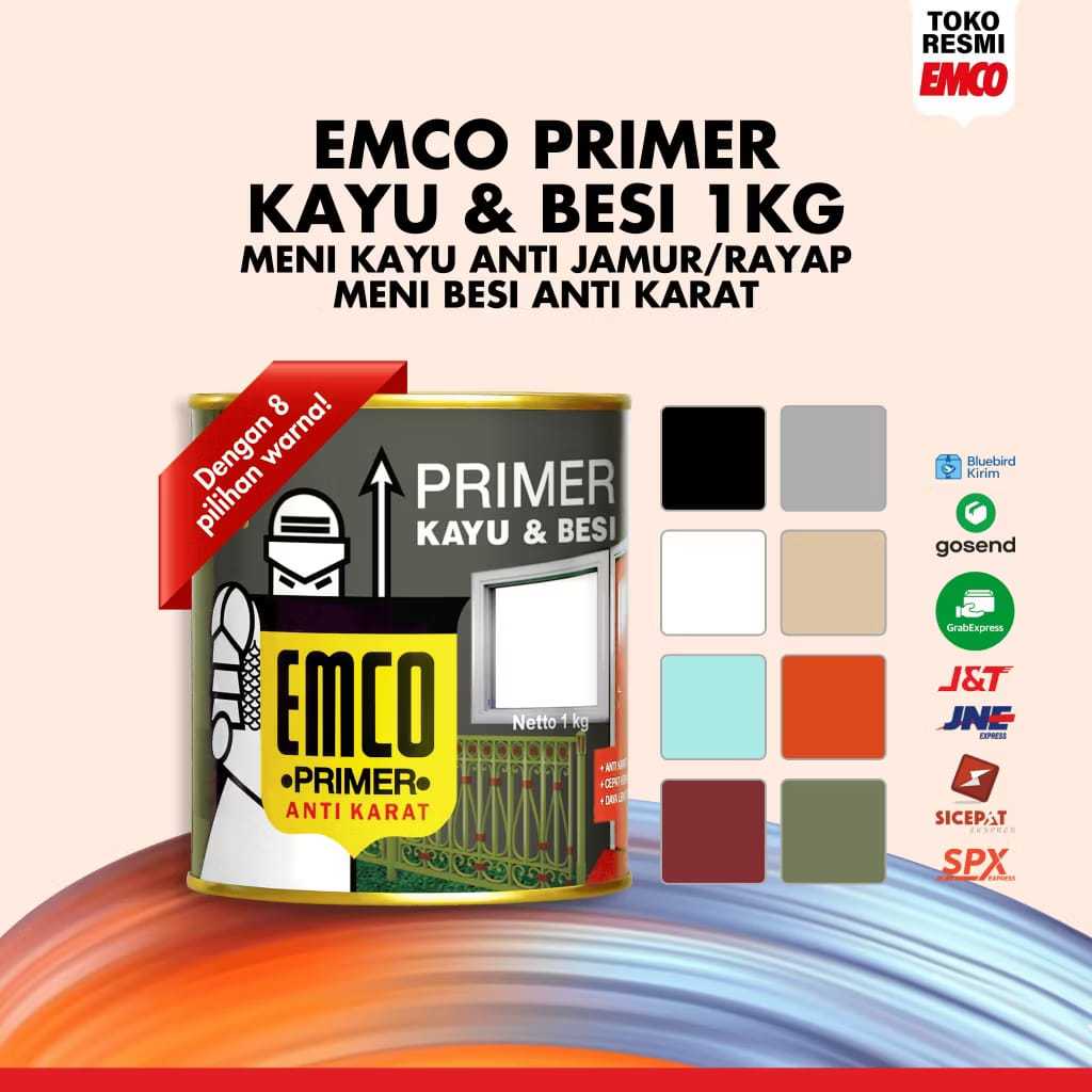 EMCO Primer Kayu & Besi 1KG - Cat Dasar Anti Karat & Anti Rayap | 8 Pilihan Warna | Meni Besi Kayu