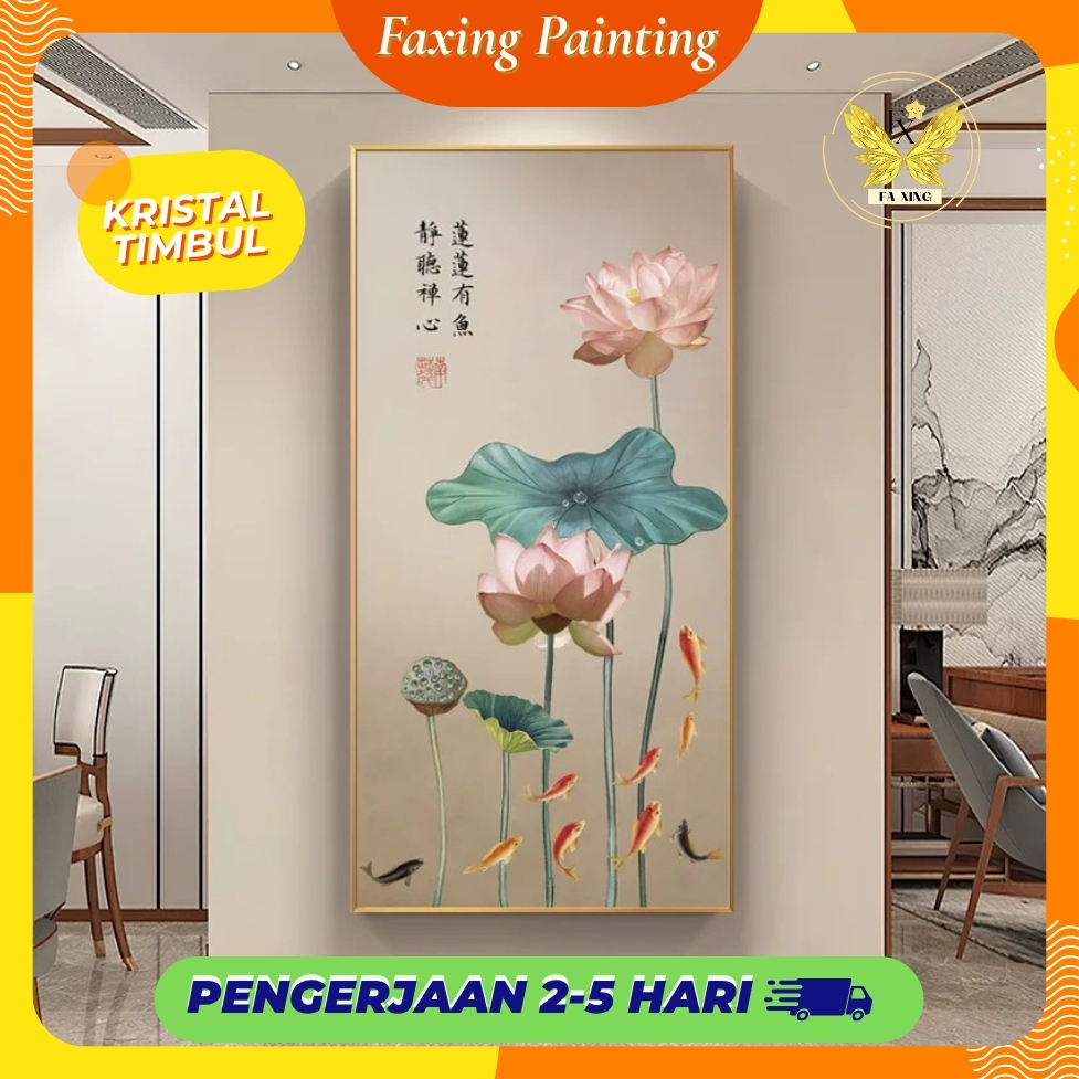 Lukisan Porcelain 5D Diamond Motif Teratai Pajangan Dinding Porselen Kristal Timbul Custom Bunga Ter