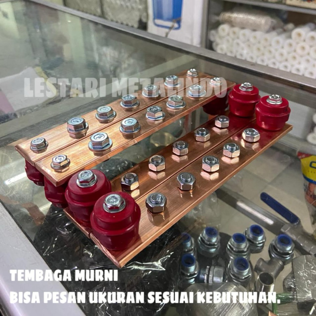 busbar tembaga 10mm x 30mm x 200mm 5baut M8 komplit tinggal pakai - grounding netral