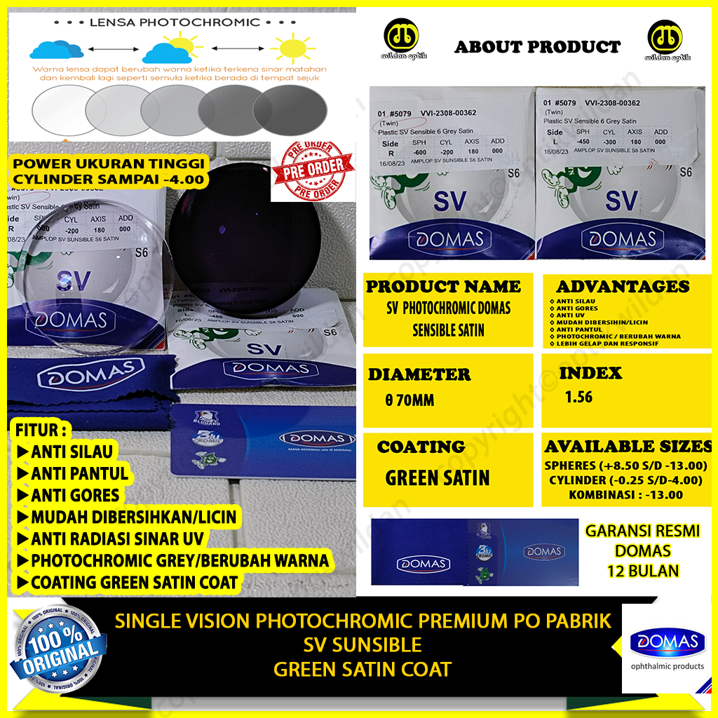 DOMAS GOSOK/PO PABRIK RX SINGLE VISION HMC/BLUERAY/PHOTOCHROMIC/BLUECHROMIC