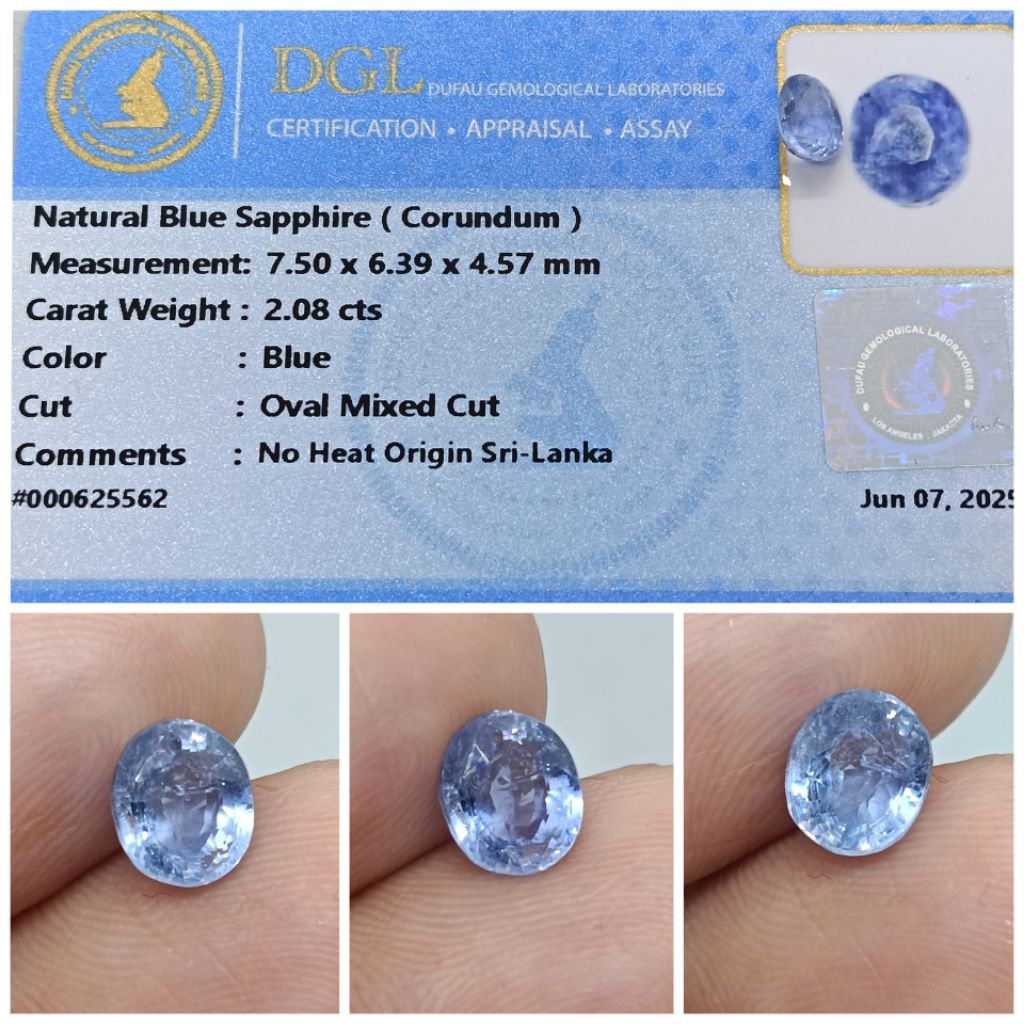 Natural Blue sapphire Ceylon 2 ct NoHeat memo DGL Safir Srilanka