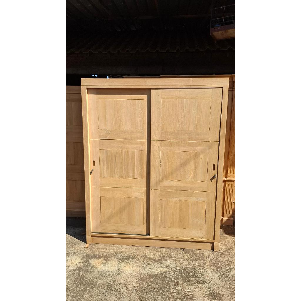 lemari pakaian full kayu jati 2 pintu geser mentahan dari jepara