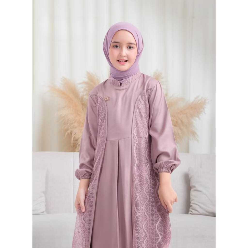 Gamis Anak Remaja Terbaru 2025 6-15 Tahun Crinkle Airflow Mix Brukat Malika Naumi Kids Gamis Syari