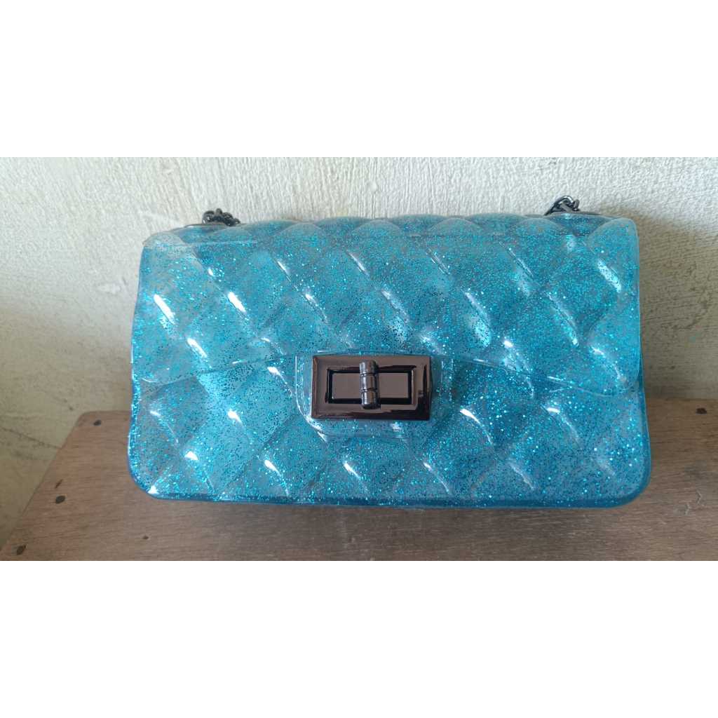 PPT001 Tas Slingbag Jelly Glossy Kecil Rantai PPT001 transparan biru