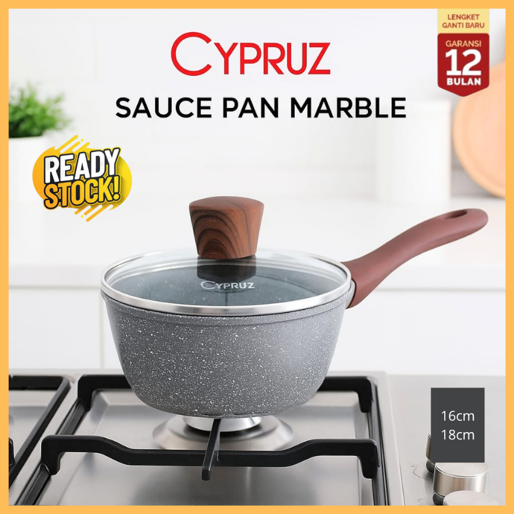 Cypruz Sauce Pan Marble + Tutup Kaca Panci Susu Anti Lengket 16 - 18 cm