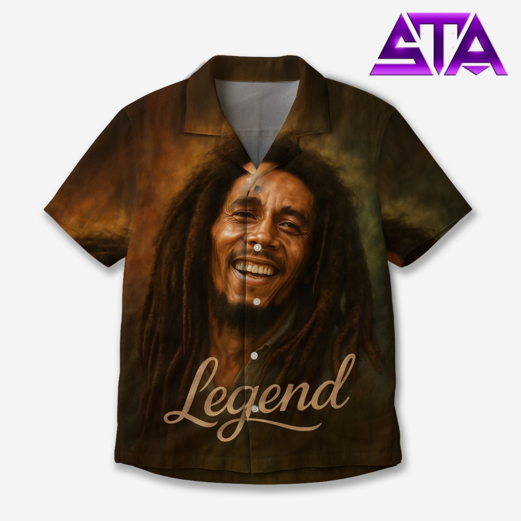 STA Kemeja Motif Bob Marley Legend – Kemeja Unisex Ikon Musik Reggae Casual Coklat | ST-111