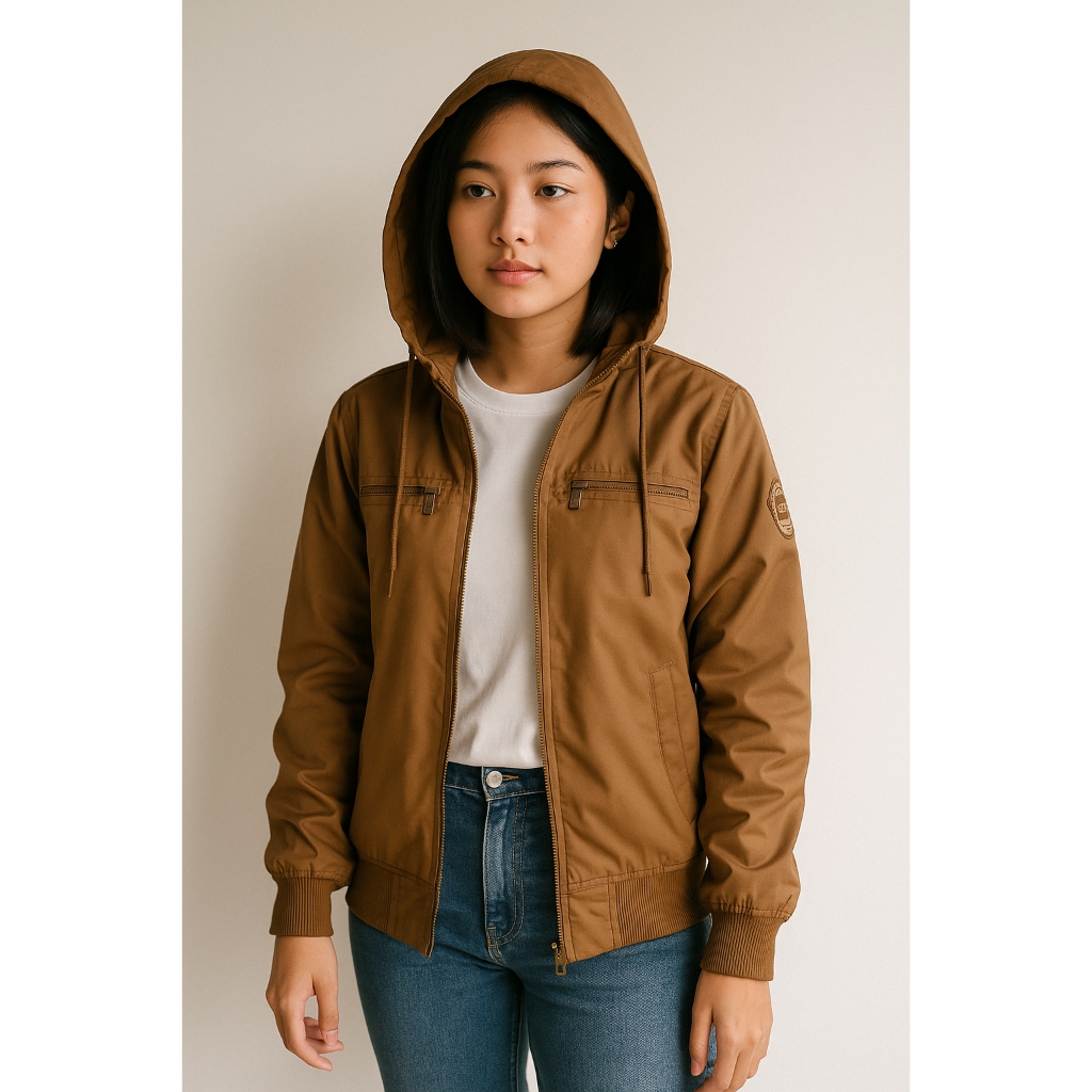 Jaket Rolun Parasut Wanita Zipper Hoodie Cinnamon
