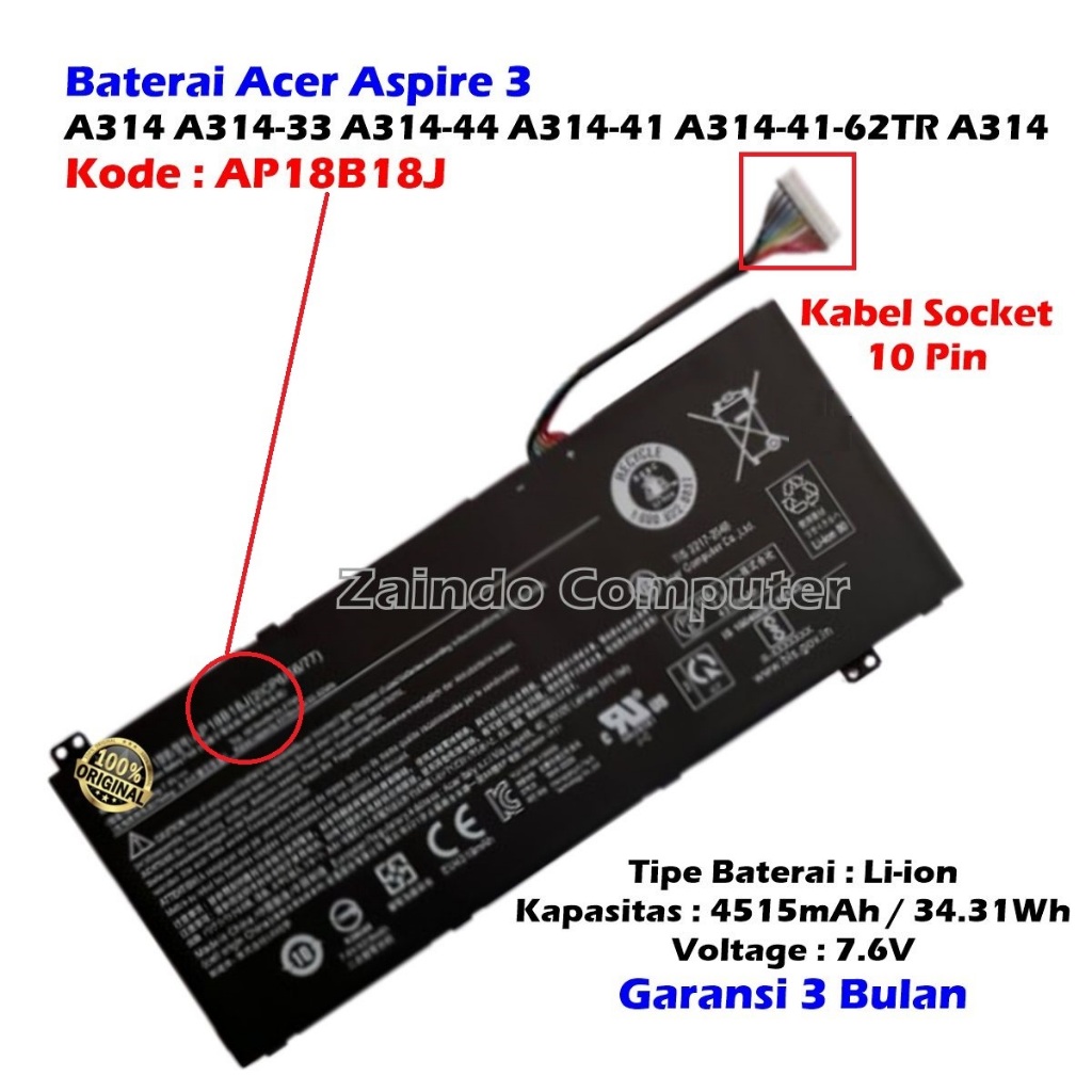 BATERAI LAPTOP ACER ASPIRE 3 AP18B18J A314 A314-33 A314-44 A314-41 A314-41-62TR A314 GARANSI 90 HARI