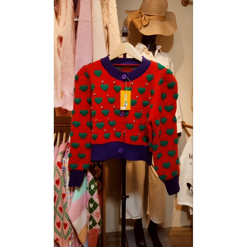Cardigan Crop Merah Love Hijau Sherpa Diamond