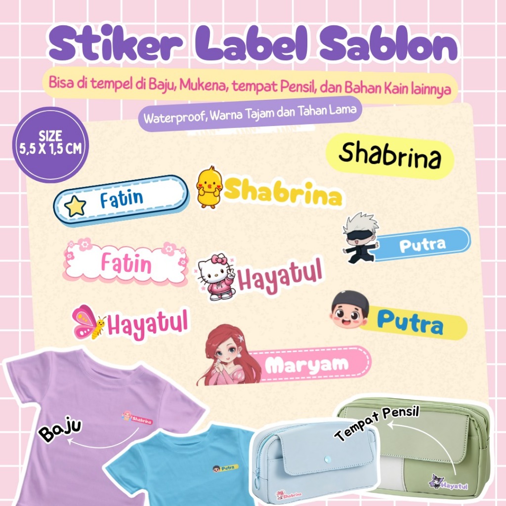 

Stiker Sablon Print DTF Nama Custom Waterproof Label Nama Stiker Sablon Baju Tas Ukuran Besar Bebas Costum Desain Sendiri
