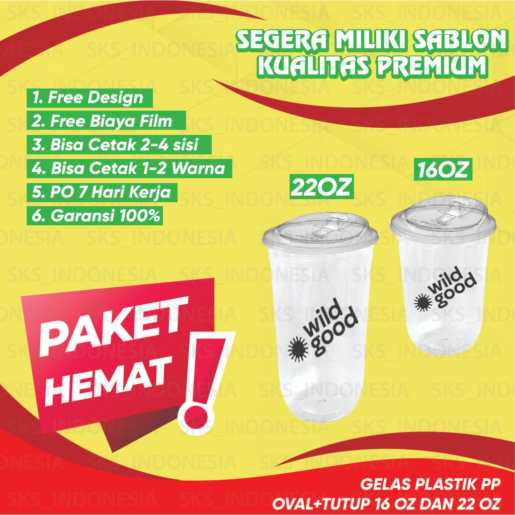 Sablon Cup Gelas Plastik PP OVAL + Tutup - Ukuran16 oz  dan 22 oz - PAKET HEMAT