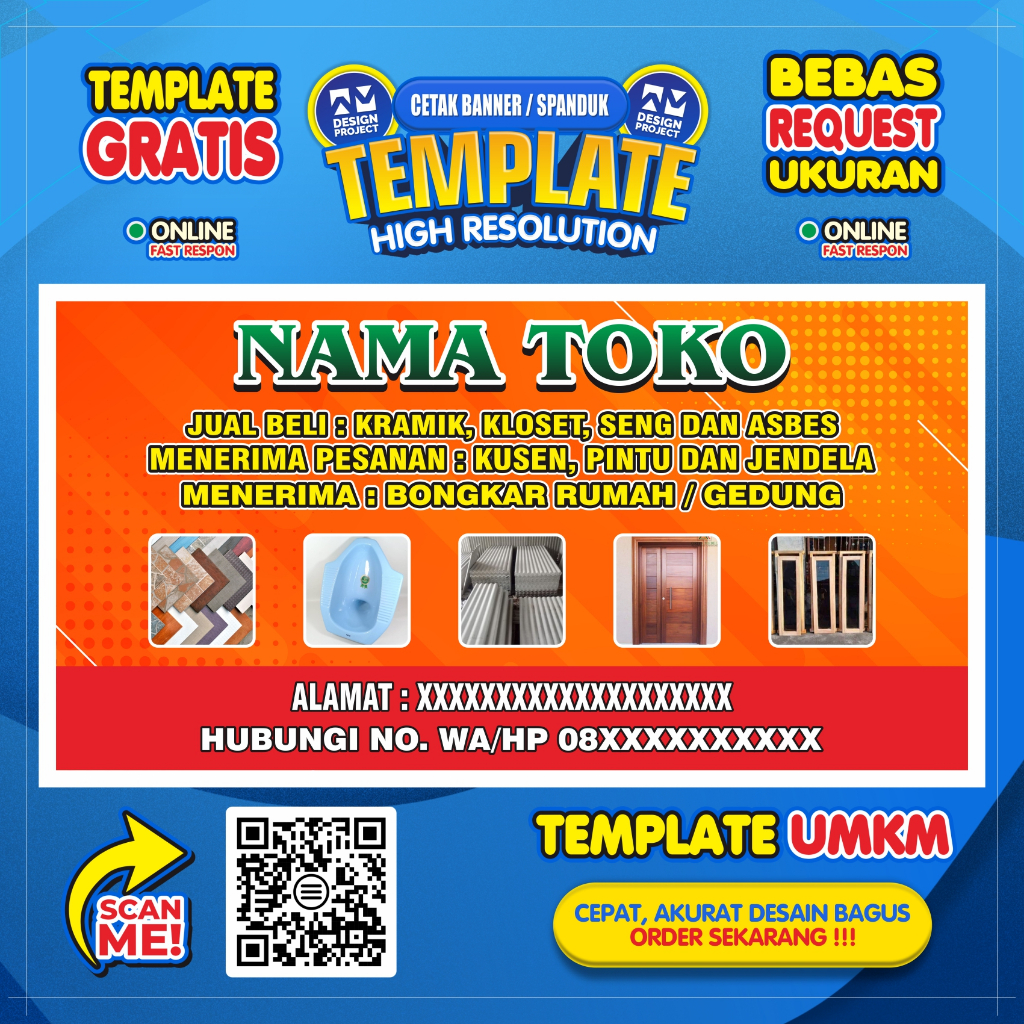 spanduk banner toko kusen kayu desain bagus free nama toko dan alamat