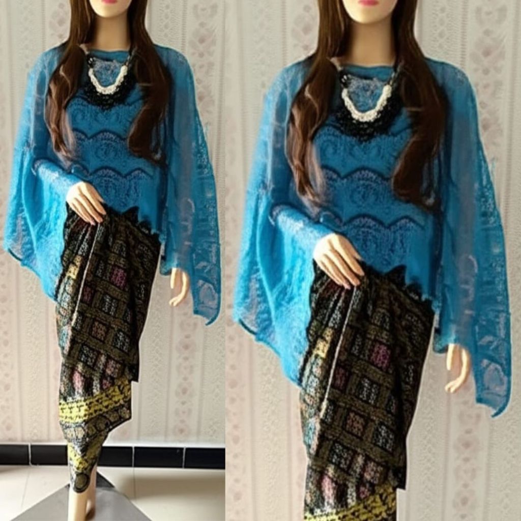 Setelan Kebaya Modern Jumbo Kalong Set Kebaya Cape Brokat Lace Glitter Blue dan Rok Lilit Motif Bati