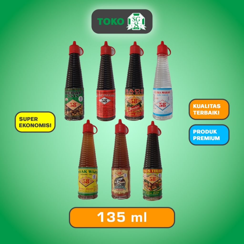 

Minyak Wijen - Kecap asin - Kecap ikan - Kecap inggris - Saos Rasa Raja - Saos tiram - Cuka Makan CAP 58 Kemasan 135ml