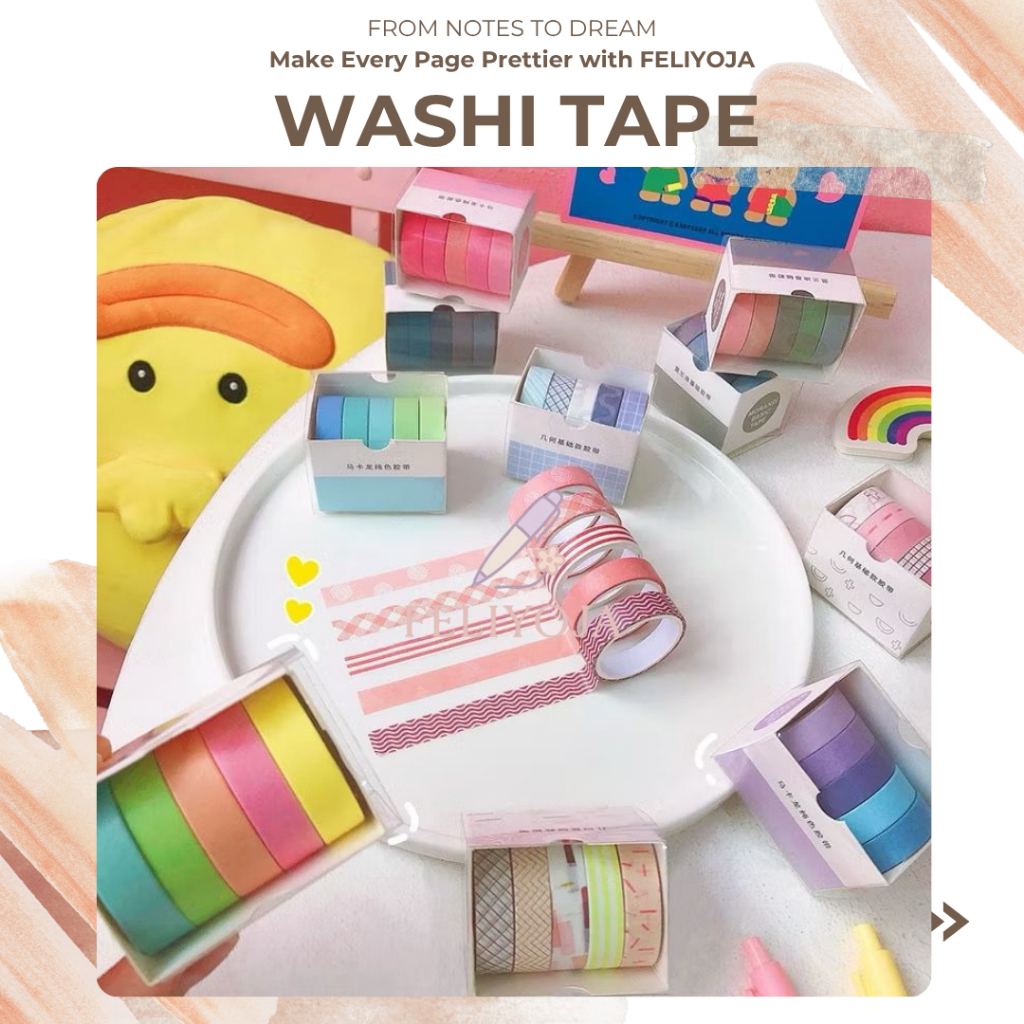 

FELIYOJA | Masking Tape Set 5pcs Essential Collection Bahan Kertas Washi Tape Warna Warni