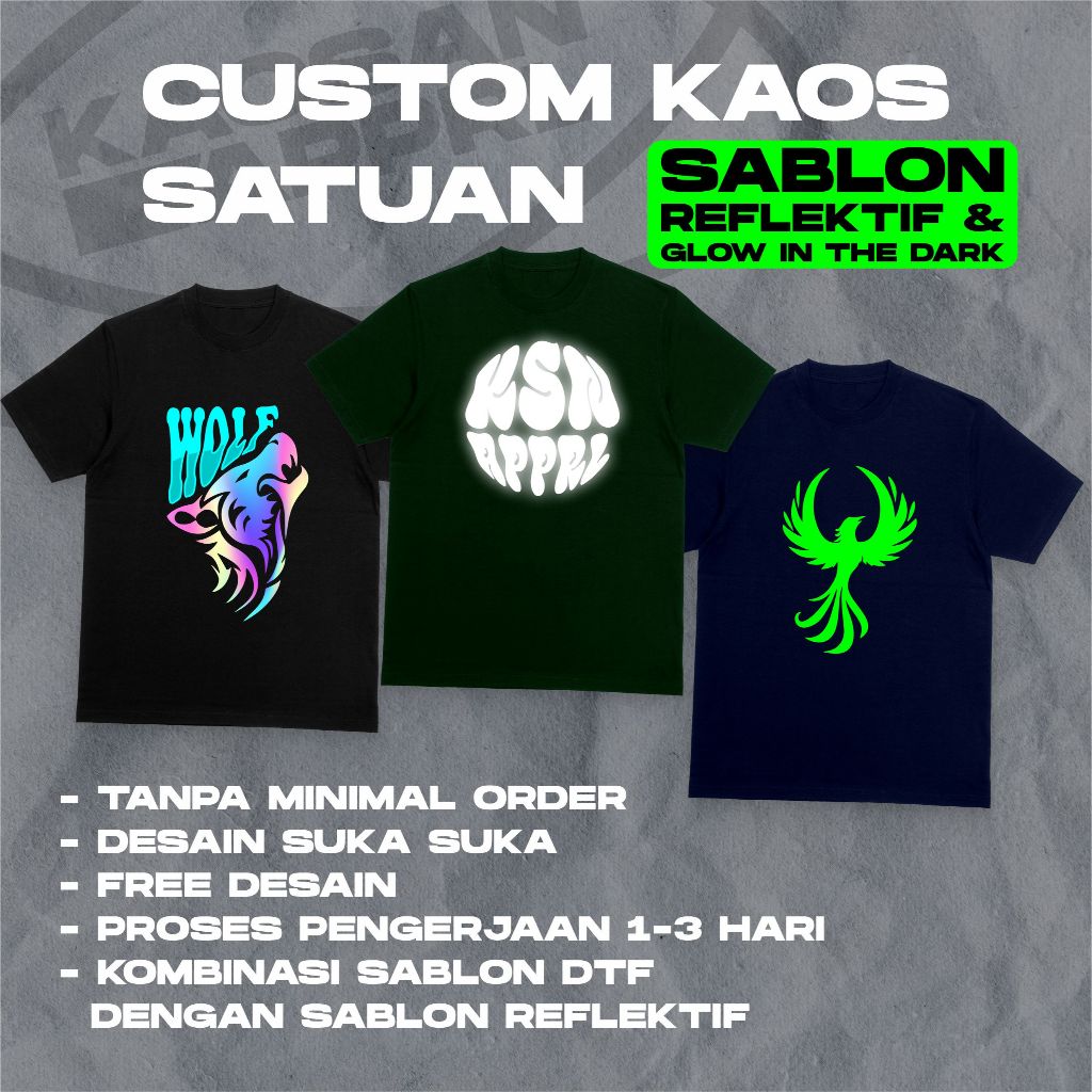 Kaos Custom Satuan Sablon Hologram Reflektif / Custom Kaos Nyala Hologram / Sablon Satuan Glow In th