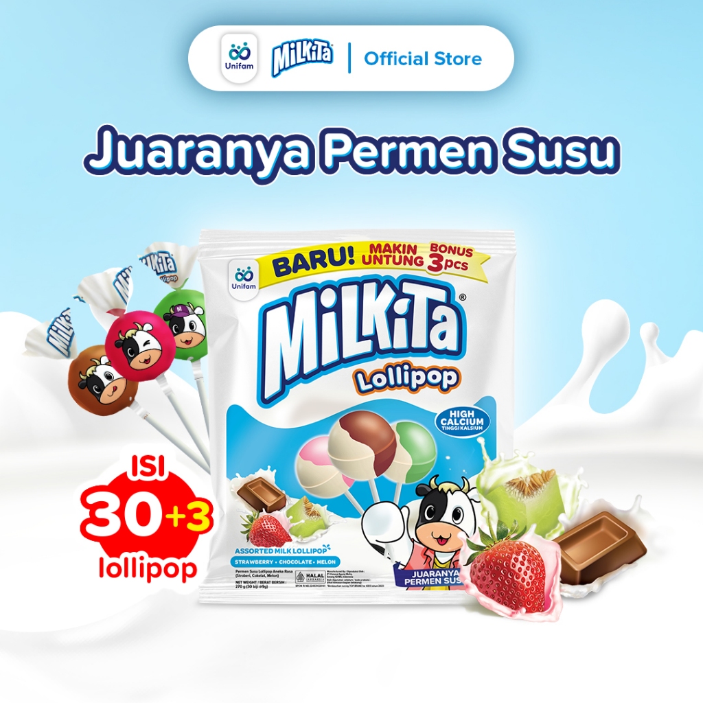 

Milkita Permen Lolipop Susu Max Refill - Milk Candy 1 Bag (Isi 30+3 Pcs) - Rasa Coklat, Strawberry, Melon