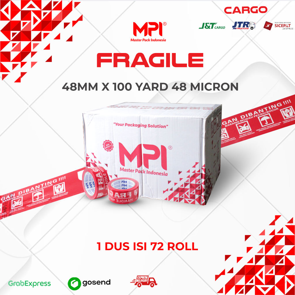 

CARGO 1 DUS [ 72 ROLL ] LAKBAN FRAGILE MPI 48MM X 100 YARD 48MIC - JANGAN DIBANTING - MERAH