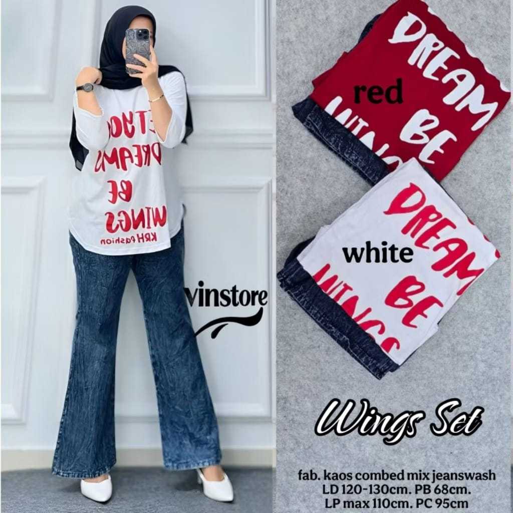 Setelan Celana Wanita Wings Set Kaos Combed Mix Jeans Wash, Baju Kemerdekaan, Label  Zarra