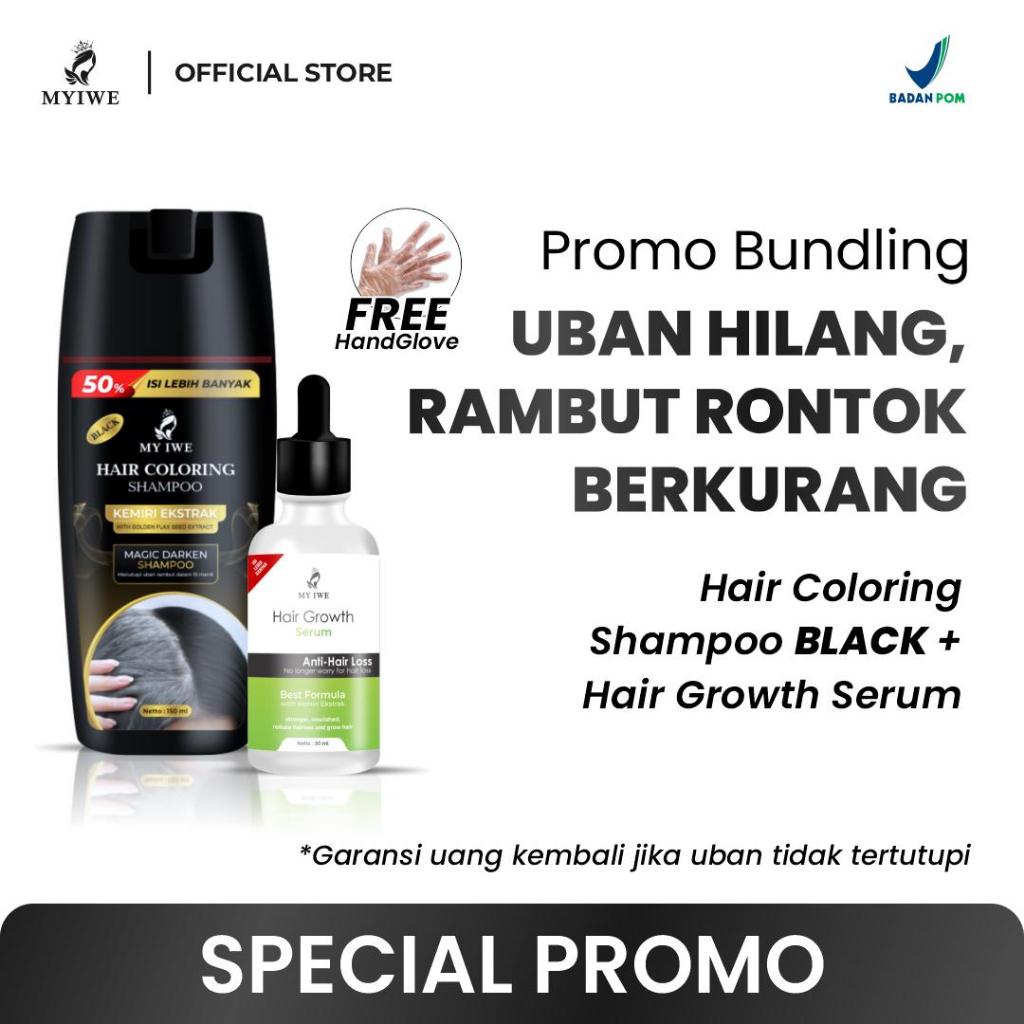 [ PROMO BUNDLING ] Myiwe Hair Coloring Shampo Penghitam Rambut Uban (BLACK) + Myiwe Hair Growth Seru
