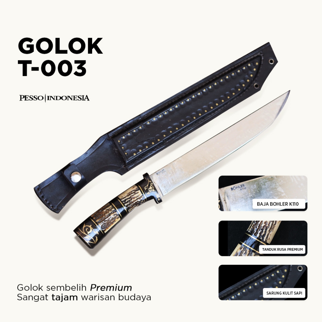 golok sembelih premium / golok berkebun handle tanduk rusa / golok sembelih bohler k110 anti karat