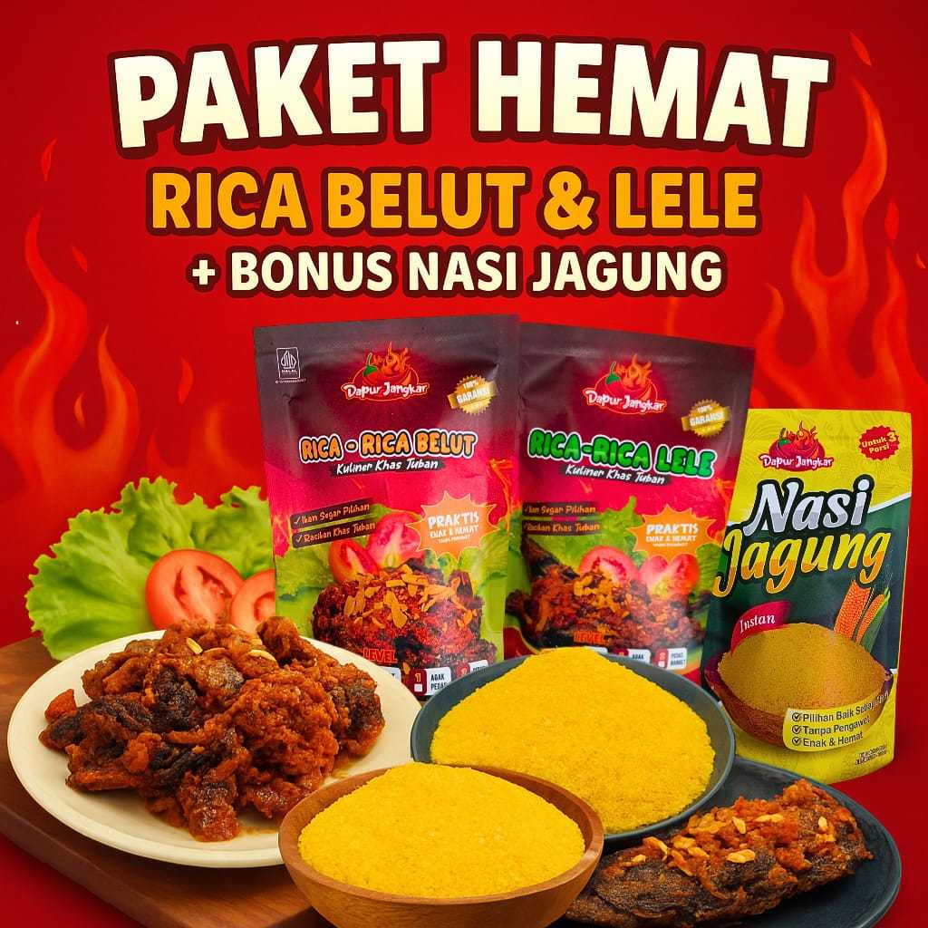 

Paket Hemat Lauk Pedas Mercon - Rica Belut + Rica Lele + Bonus Nasi Jagung
