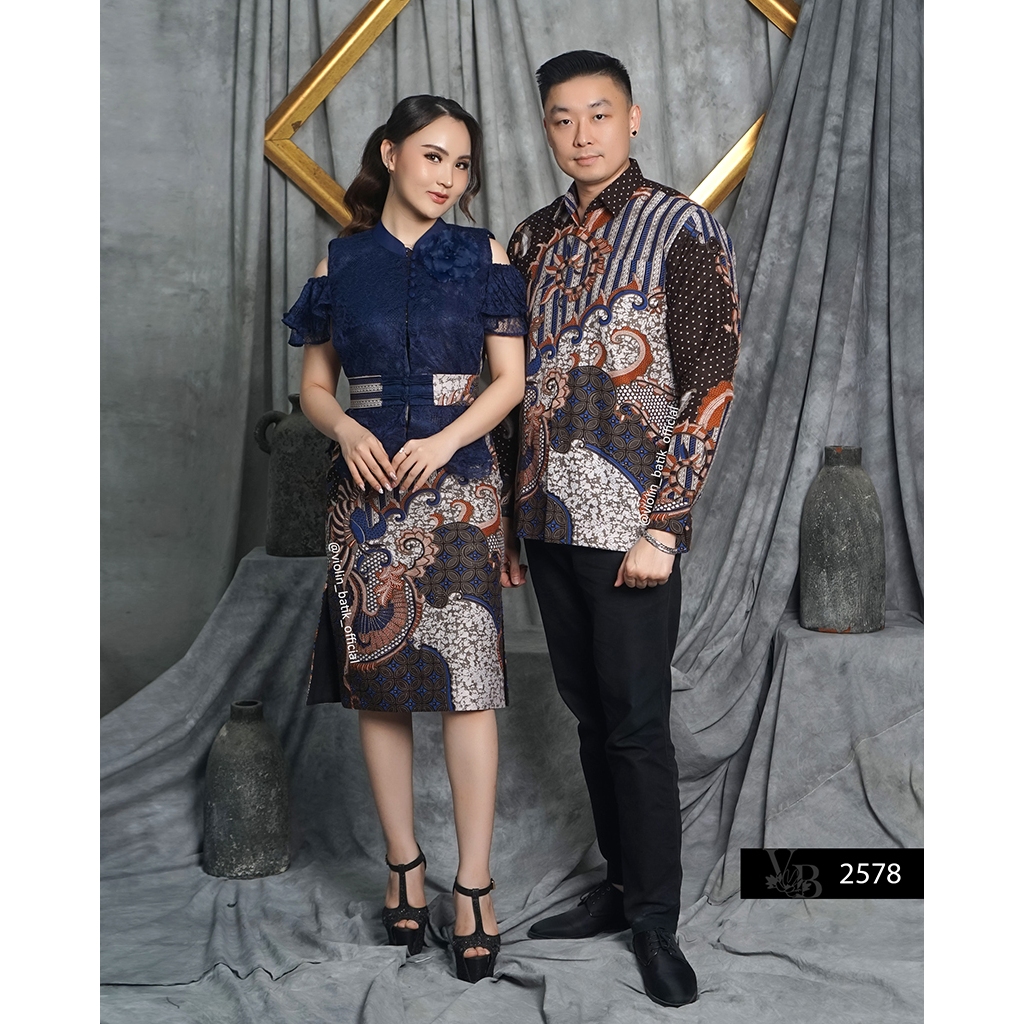 Dress Batik Dobby Outer Brokat Navy 2578