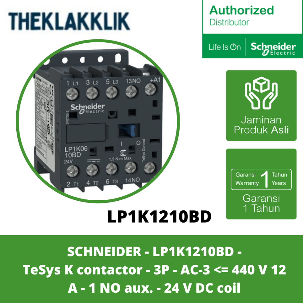 SCHNEIDER - LP1K1210BD - TeSys K contactor - 3P - AC-3 <= 440 V 12 A - 1 NO aux. - 24 V DC coil