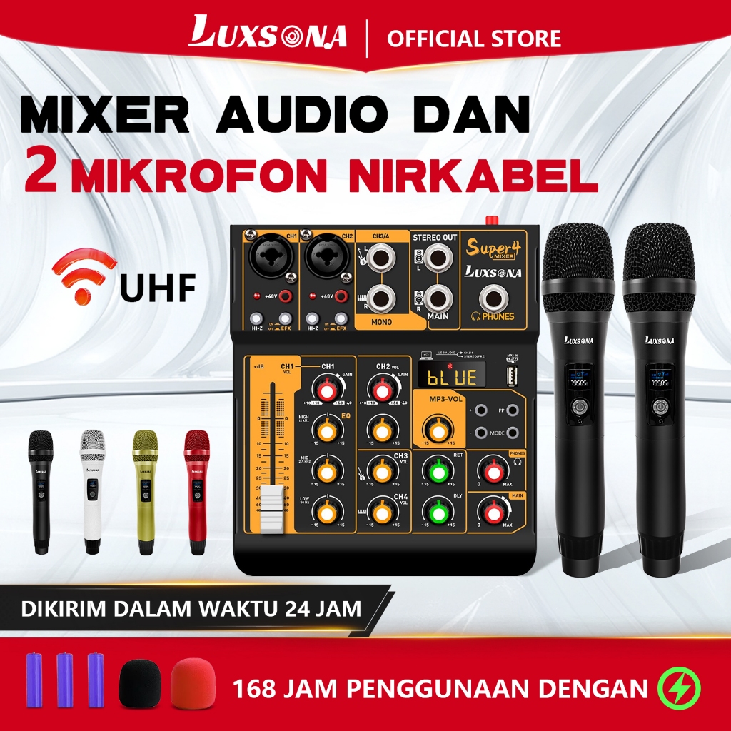 LUXSONA Mixer profesional 4 saluran + 2 mikrofon UHF/mixer audio murah/amplifier mini 4 saluran/mikr