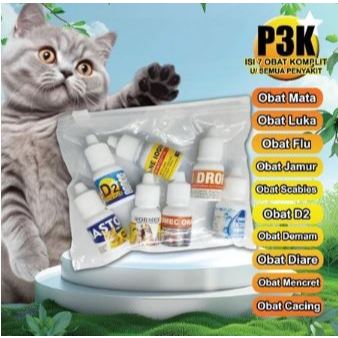P3K KUCING - ISI 7 OBAT LENGKAP Obat D2 Obat Luka Tetes Mata Scabies Jamur Flu Demam Calici Cacing D