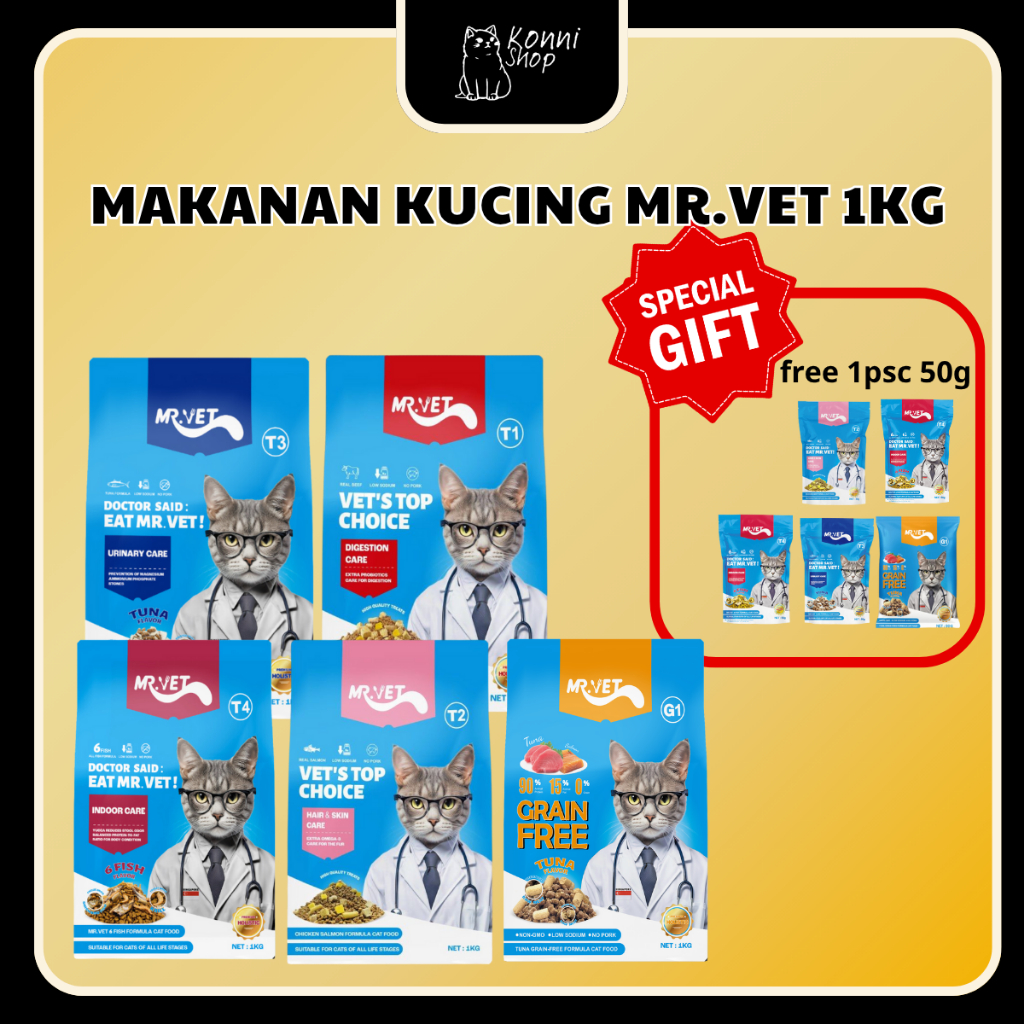 MR.VET Makanan Kucing Kering 1kg T1 DIGESTION/T2 HAIR & SKIN/T3 URINARY/T4 CAT INDOOR CARE/G1
