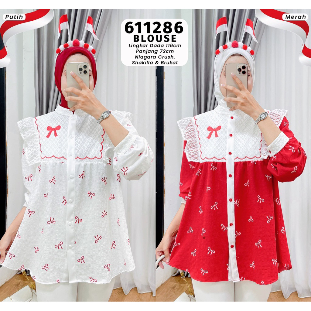 Blouse niagara crush pita merah putih mix brukat