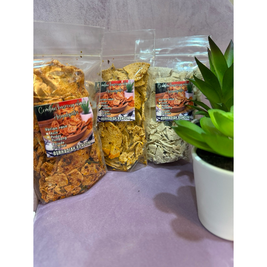 

cemilan basreng ramuk 3 varian rasa ada asin pedas rendang