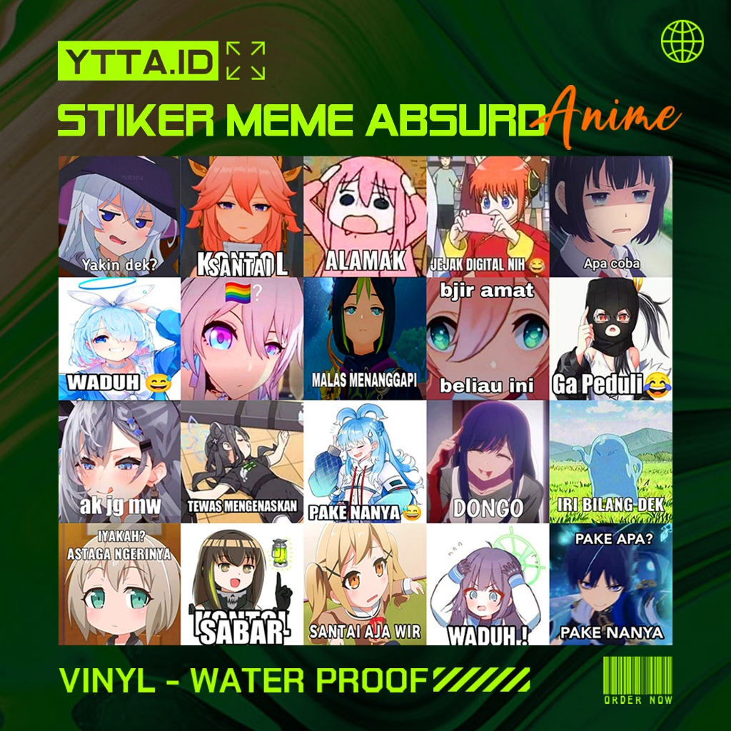 

Stiker Meme Anime Lucu & Absurd - Waterproof Vinyl | Jawir, Jomok, Ketar, Ngambek, dll