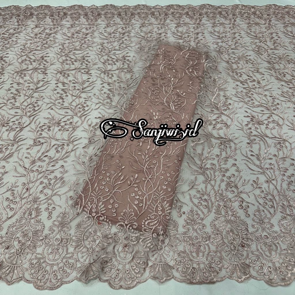 Kain Tile Tulle Akar Mutiara Bordir Atas Bawah/ Bahan Brokat Mutiara Kebaya/ Kain Brokat Meteran