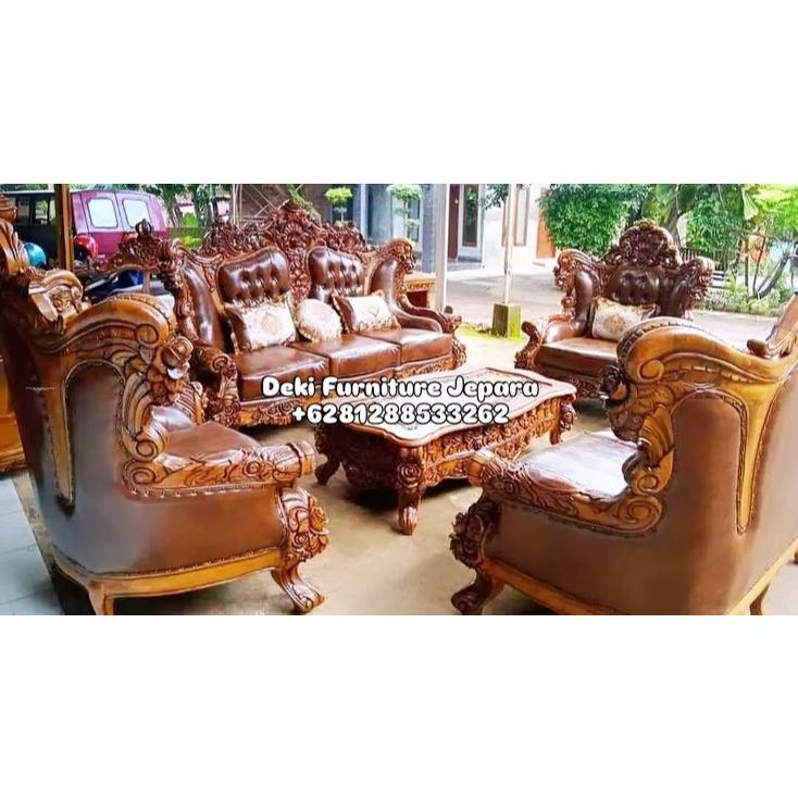 Sofa Ruang Tamu mewah Elegan Original Kursi Tamu Jati Kulit Ukir Jepara Terbaru 3211