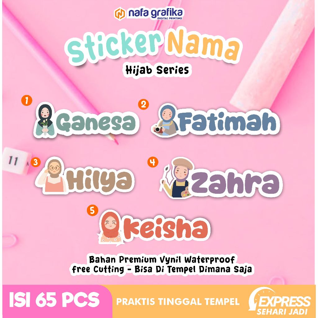 

(Isi 65pcs) Stiker Label Nama Anti Air Sticker Peralatan Tulis Botol Pensil Buku Tema Hijab Custom