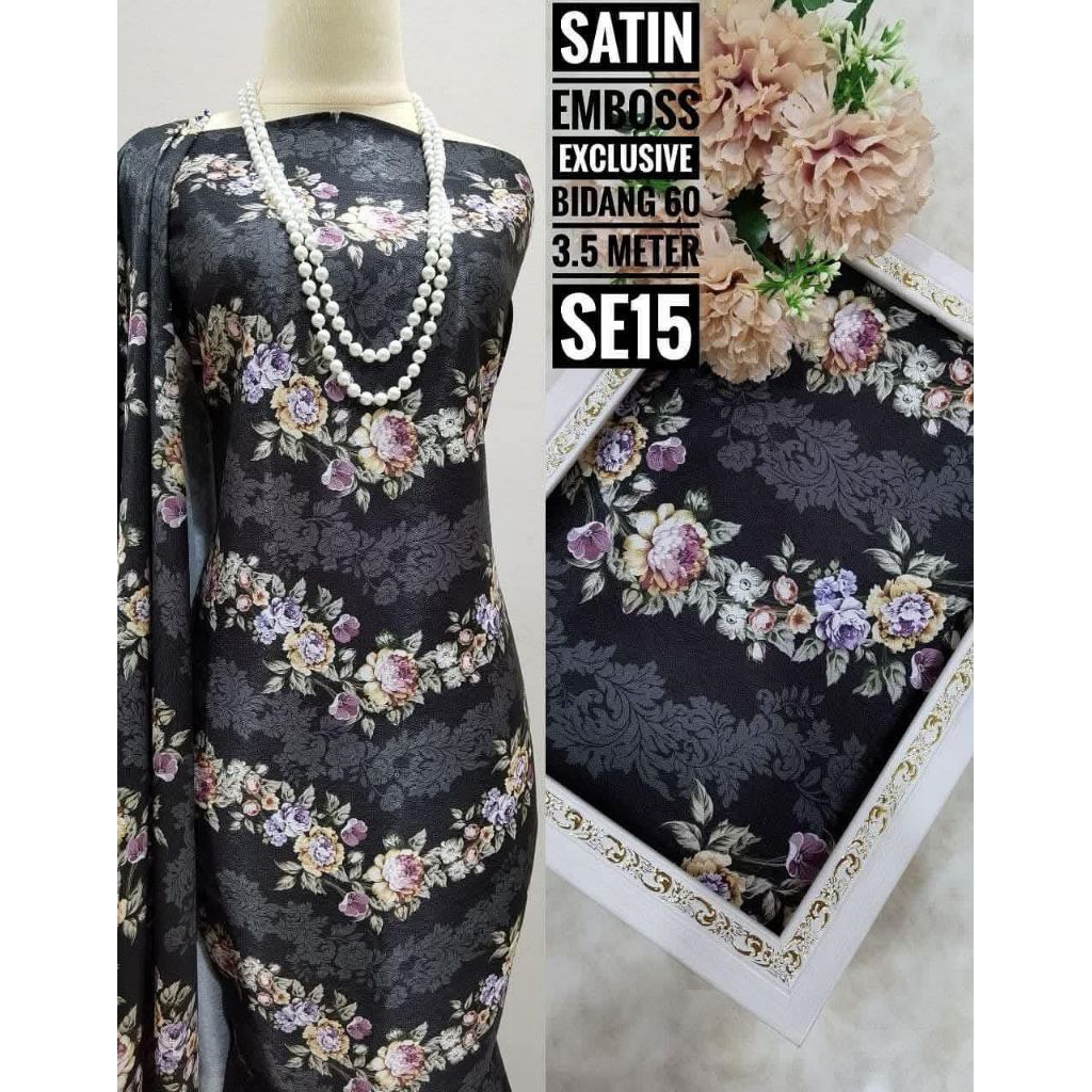 KAIN PASANG SATIN EMBOSS EXCLUSIVE IMPORT MALAYSIA/UNTUK SET KURUNG WANITA/BLACK/HITAM/BIDANG BESAR/