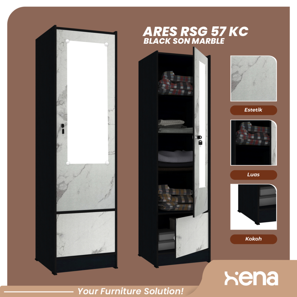 Xena Lemari Baju Minimalis / Lemari Susun Kaca / Lemari Buku Estetik / Lemari Kecil / ARES RSG 57 KC