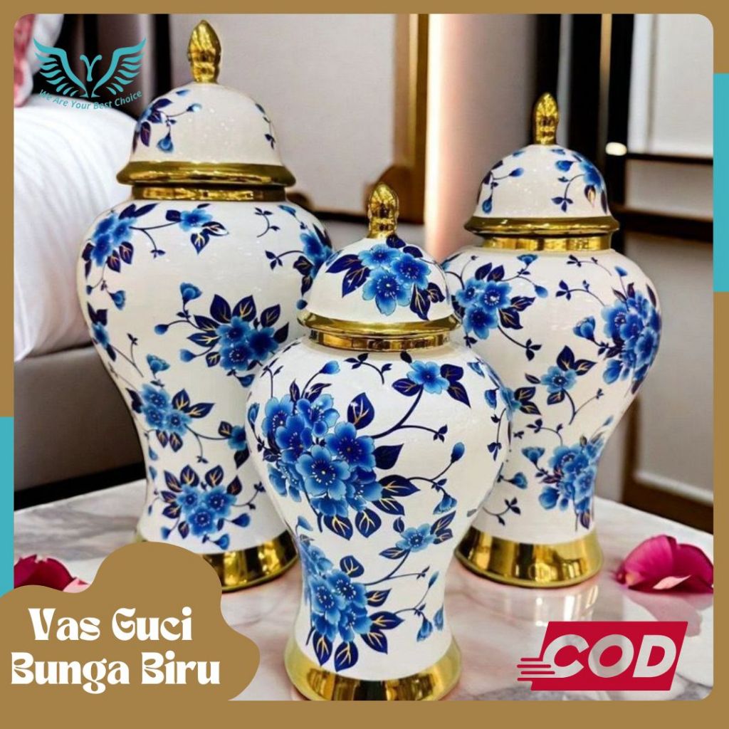 Vas Guci Bunga Biru/ Vas Keramik Mewah/Dekorasi Rumah/Vas Bunga Mewah
