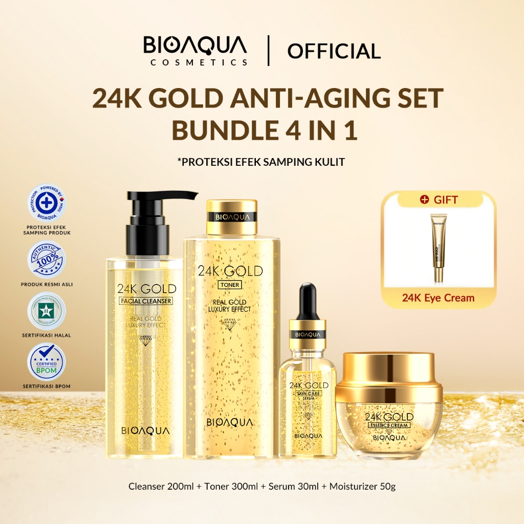 Bioaqua Cosmetics 24K Gold Anti Aging Facial Kit Set Skincare Paketan bpom With Moisturizer Cream / 