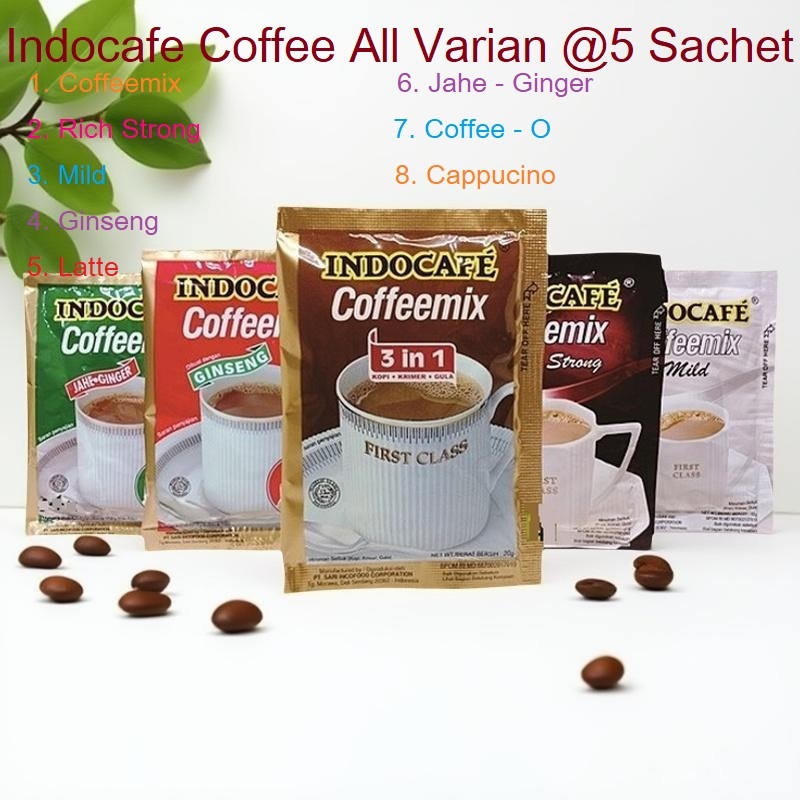 

INDOCAFE all Varian 5 sachet indocafe CoffeeMix Capucino Rich and Strong Mild Indocafe Ginseng Latte Coffee-o Max Creamer Coffee Blend Jahe Ginger