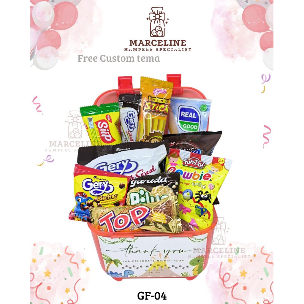 

hampers ulang tahun anak murah ultah anak, bingkisan snack ultah anak murah free design Dan pita.
