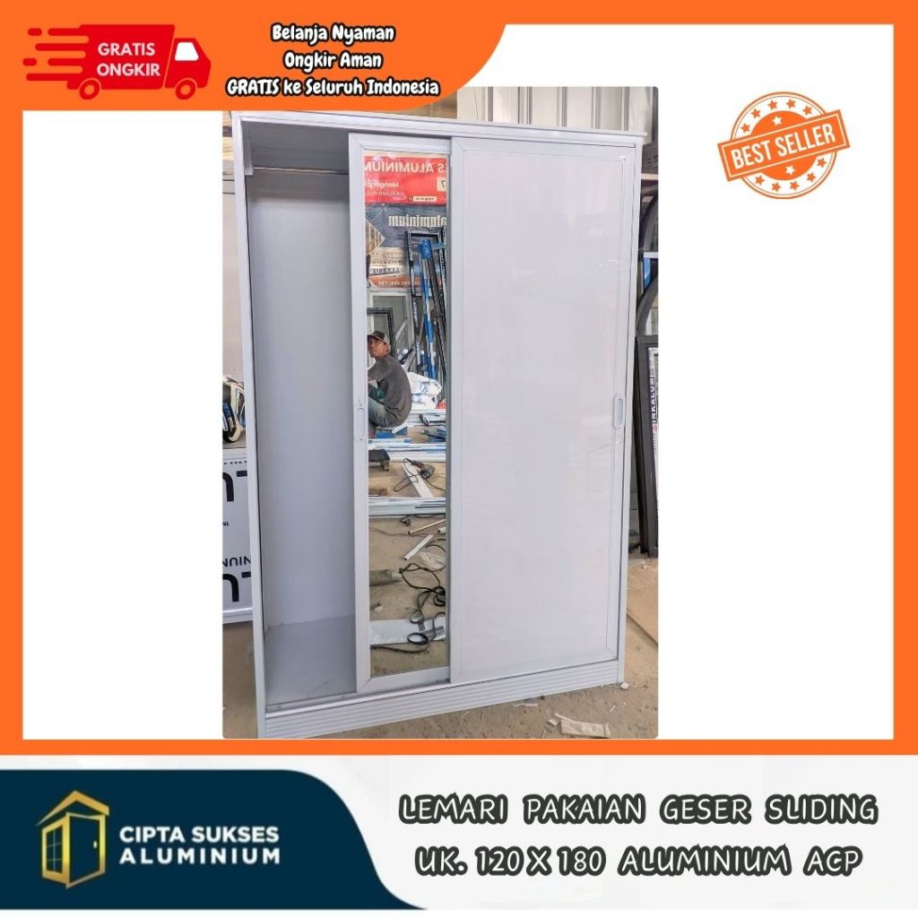 lemari pakaian geser sliding ACP aluminium + rak gantung ukuran 120x180 terbaru modern bergaransi cs
