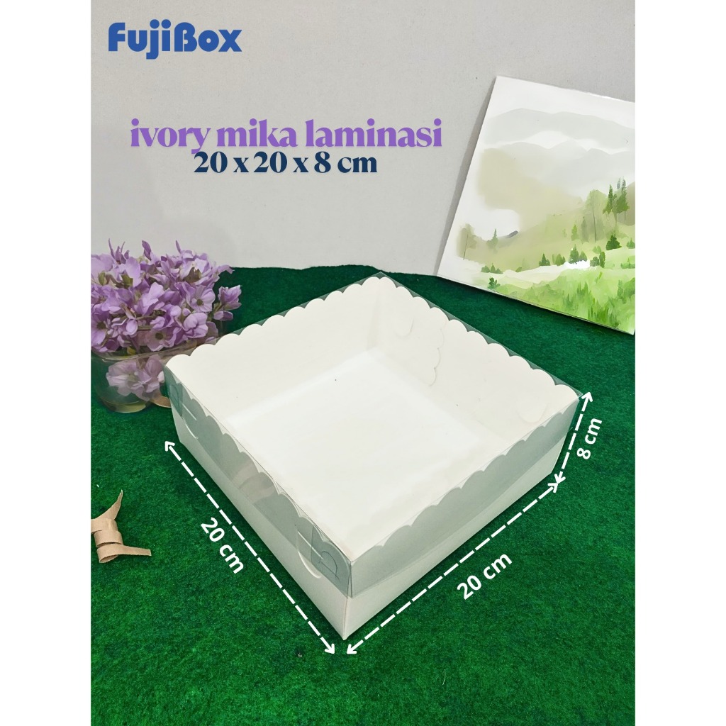 

10 Pcs ) Fuji Box Dus Kotak Kue hampers puding cake Ivory Polos laminasi 20 cm x 20 cm x 8 cm Premium Tutup Mika Full
