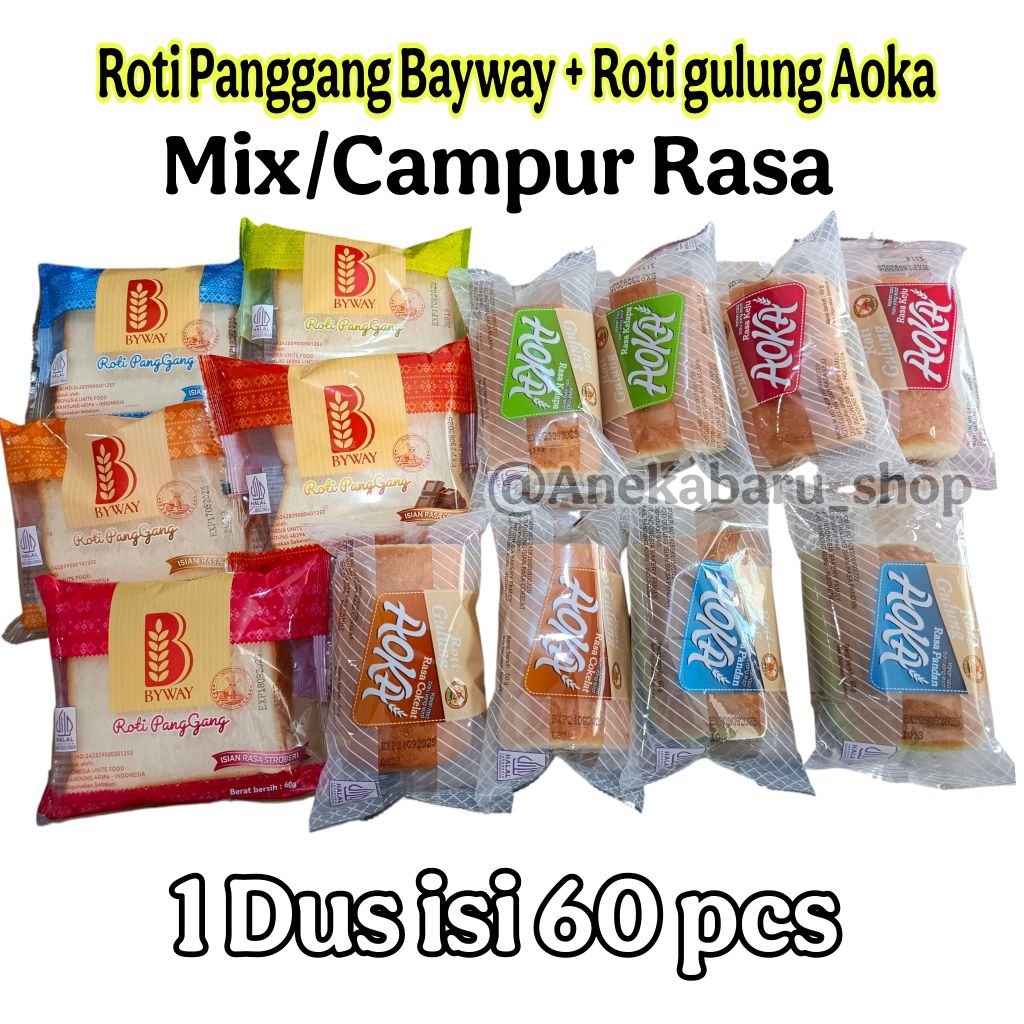 

( 1 DUS/60 PCS ) Mix Roti Panggang Bayway+Roti Gulung Aoka 60g