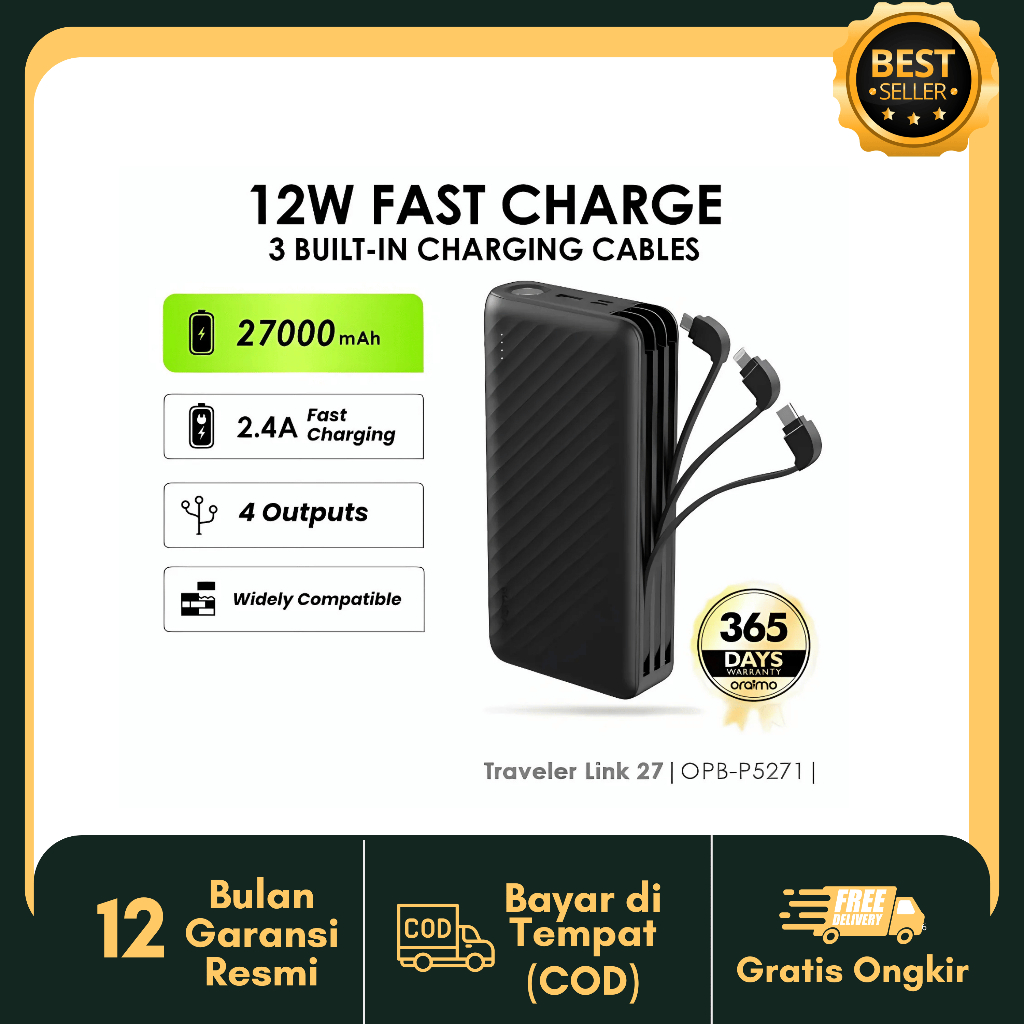 POWERBANK ORAIMO 27000 mAh FAST CHARGING 12W OPB-P5271 ORIGINAL Hitam
